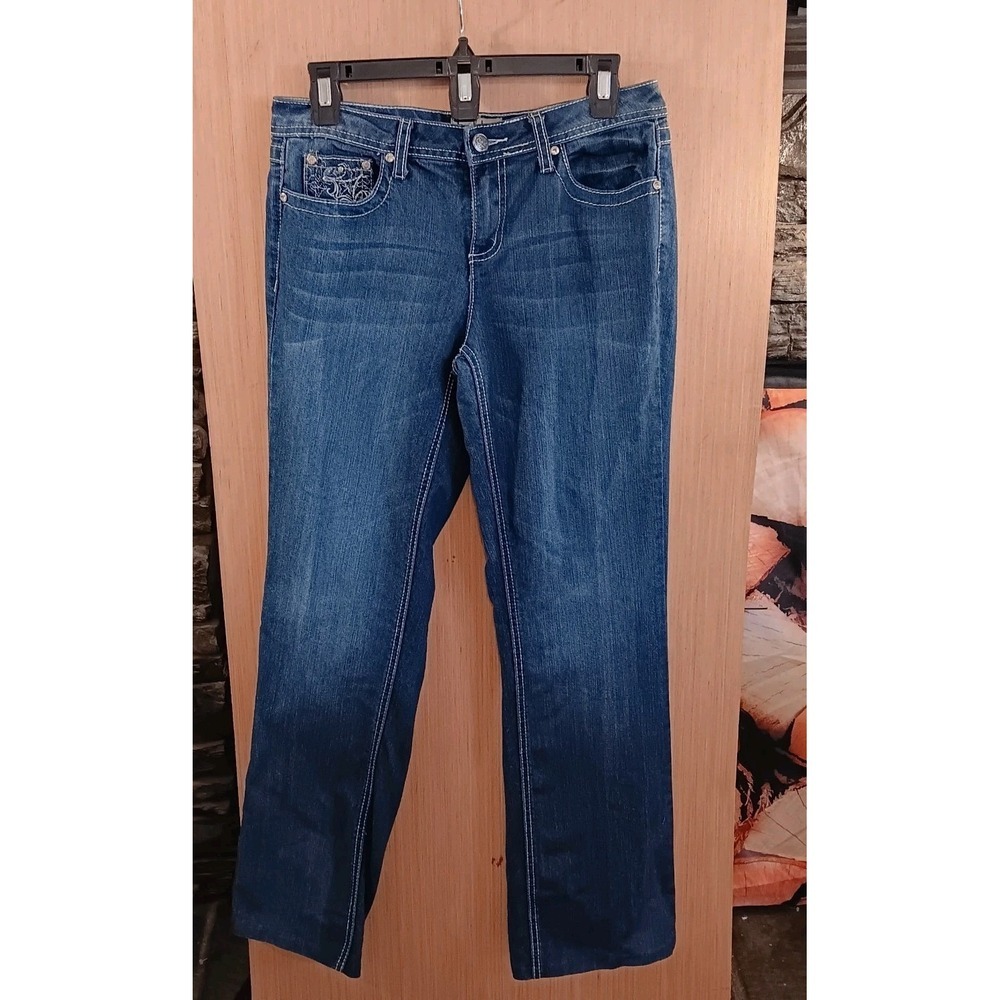 Earl Jeans (6) Womens Blue Straight Leg Embellished Rhinestone Pockets Mid Rise‎